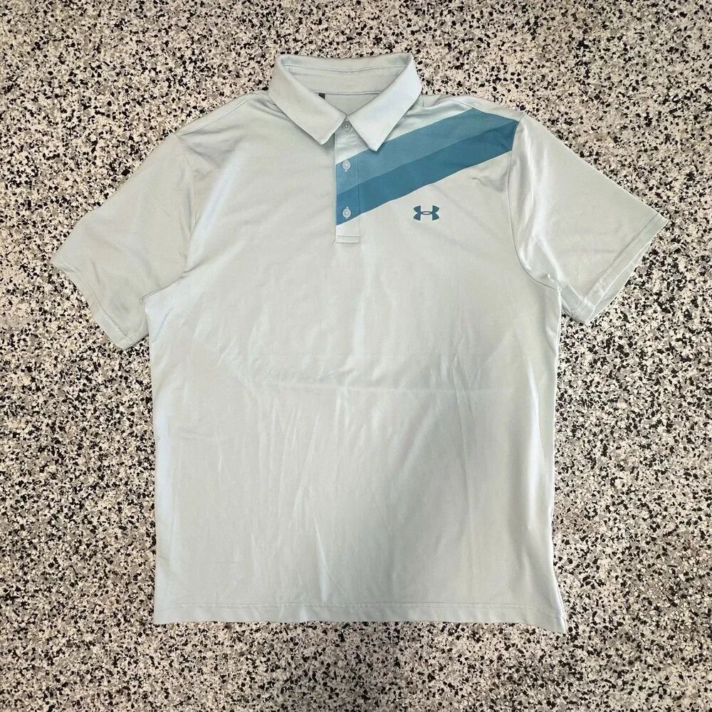 Under Armour The Playoff Polo Shirt Mens Large Striped Teal Blue Button Golf